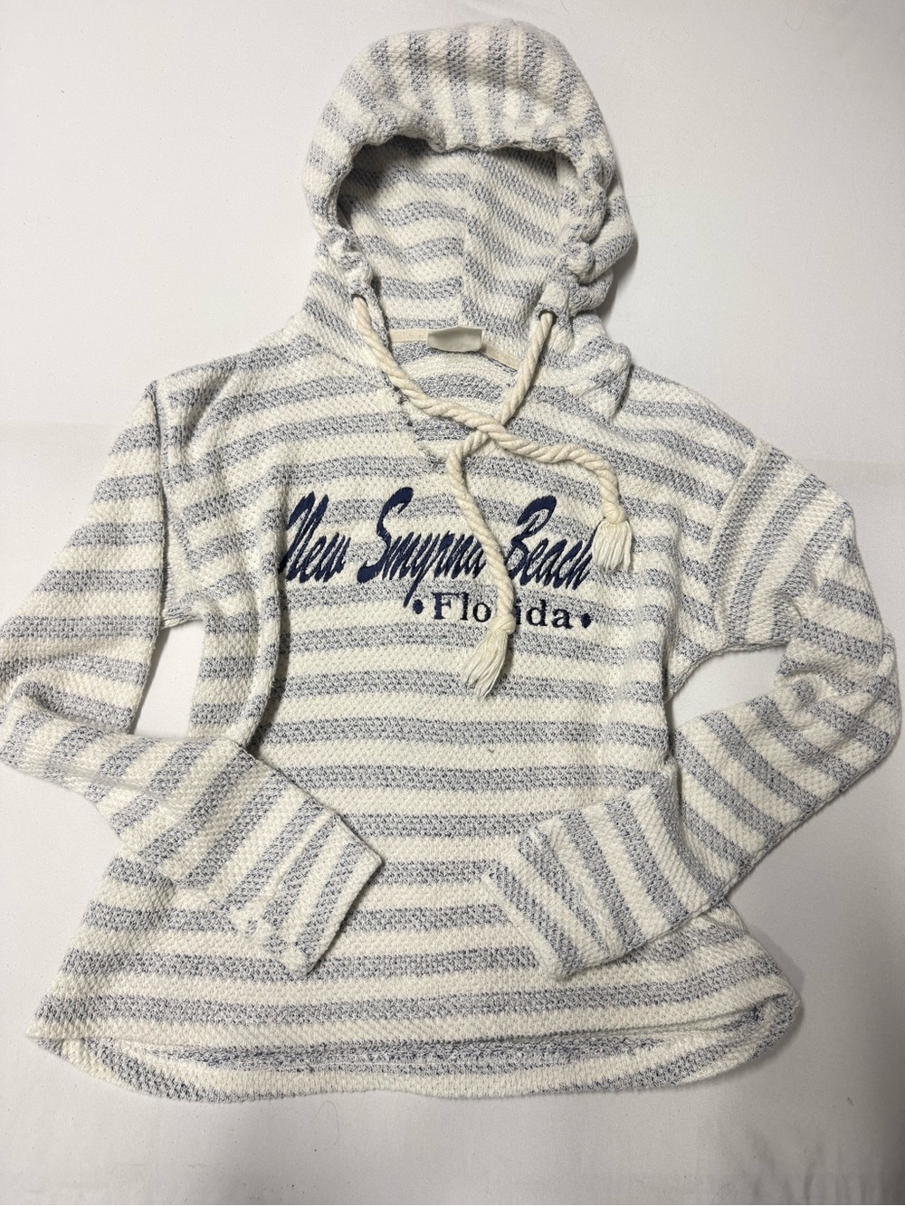 Striped Hooded Lite Sweatshirt Cream & Gray - New Smyrna Beach Florida XS - Picture 2 of 12